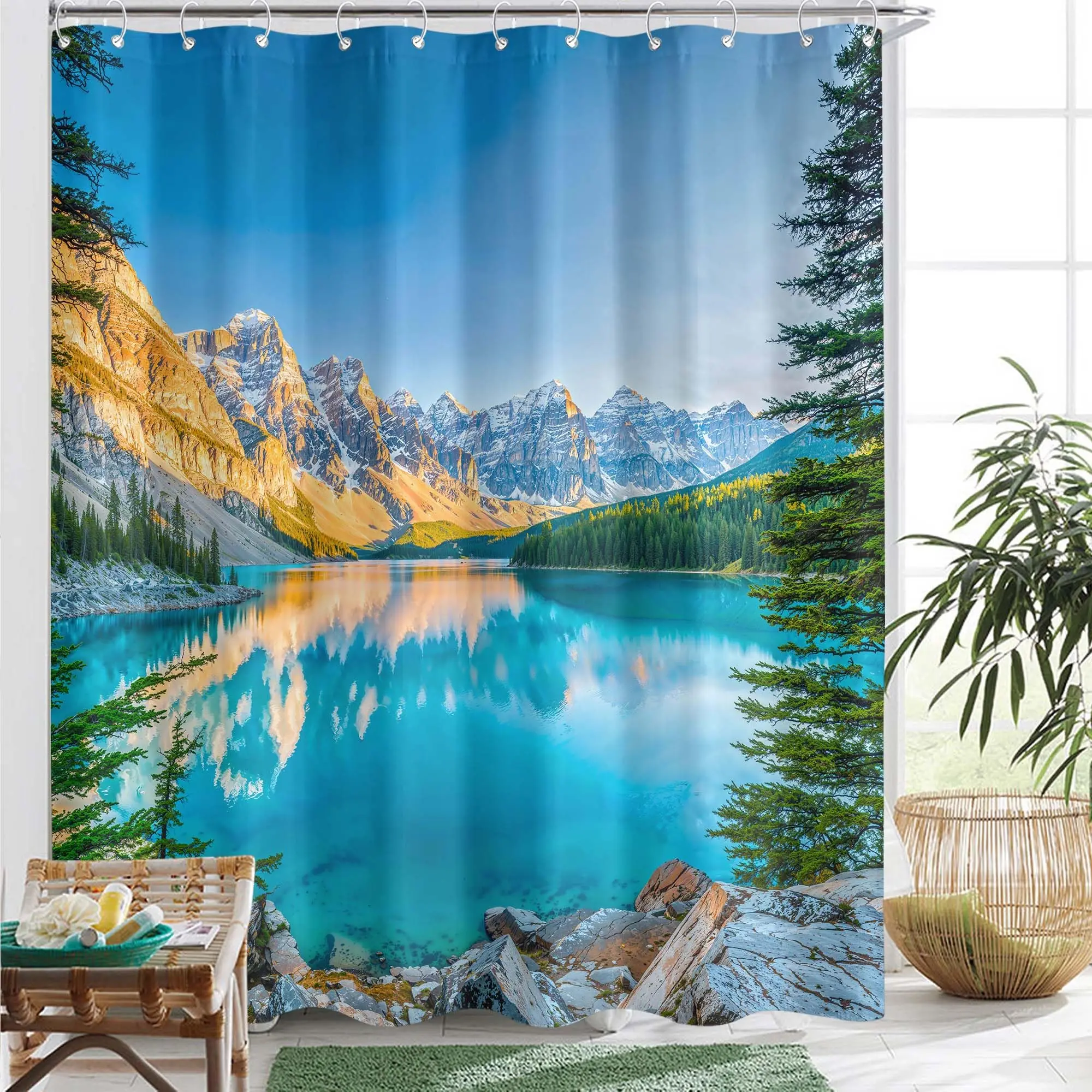 Mountain Shower Curtain Lake Rustic Scenery Bathroom Curtain High-Definition Nature Landscape Shower Curtain with Hooks