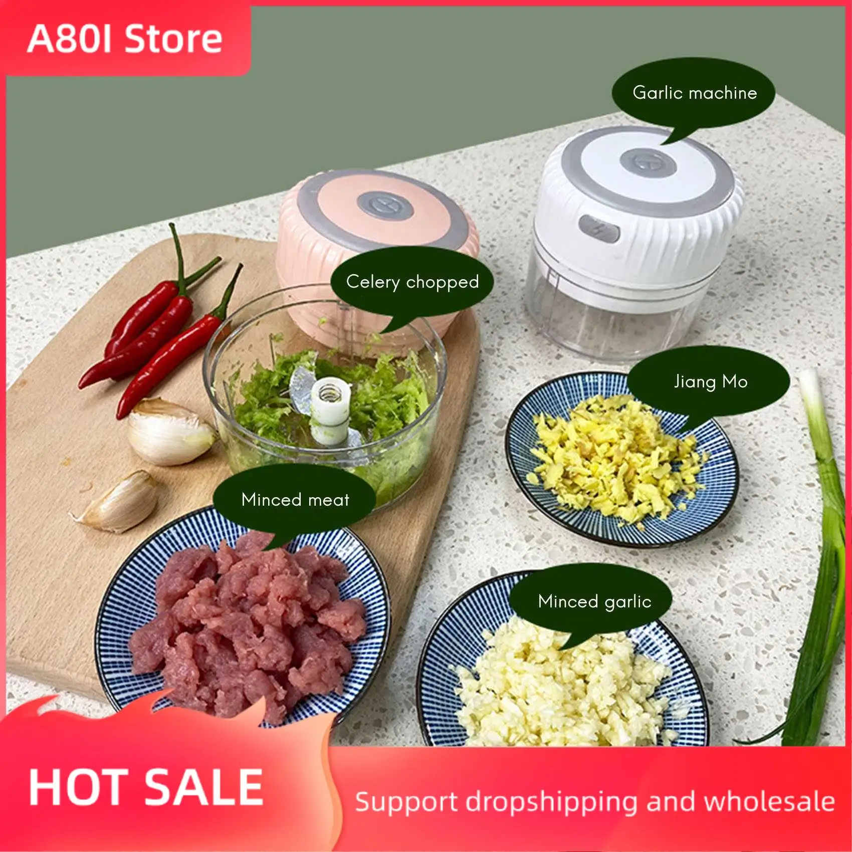 

A80I Mini Electric Garlic Chopper Ginger Masher Machine Chili Vegetable Kitchen Tool Sturdy Durable USB Charging