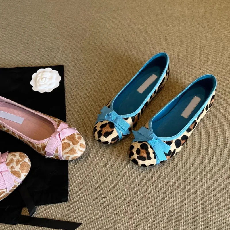 

Leopard Women Loafers Shoes Fashion Flats Sandals Bow Dress Woman Heels Shoes 2025 Designer Brand Elegant Lolita Mujer Zapatos