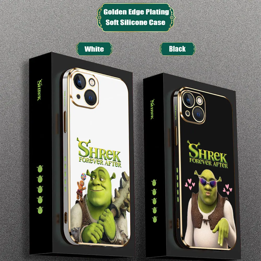 Funny Movie Shrek Anime Funda For iPhone 15 14 Pro Max 13 12 Mini 11 7 8 Pro XSMax XR SE Phone Case Luxury Golden Plating Cover