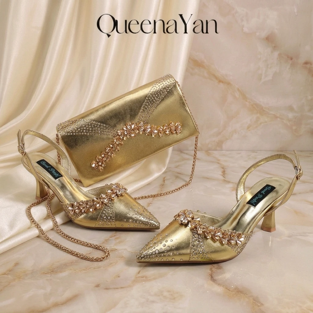 Women Elegant Party Shoes & Bag Set, 2026 Italian Inspired Hand Crafted Upper Gold Rhinestone Pointed Toe High Heels