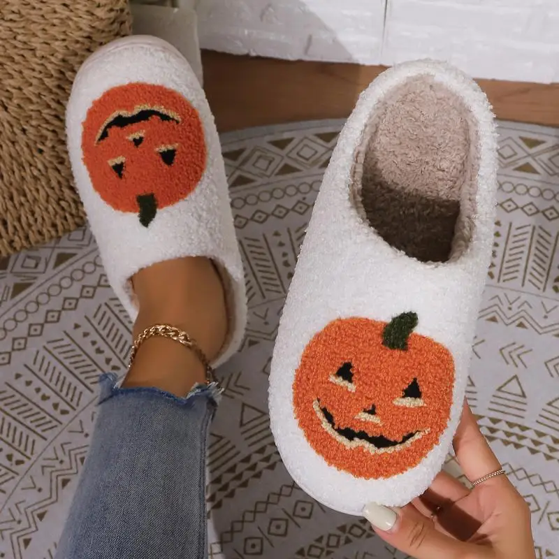 Cotton Fluffy Slippers Home Indoor Cartoon Pumpkin Platform Plush Slides Couple 2024 Funny Halloween Casual Designer Shoes Women