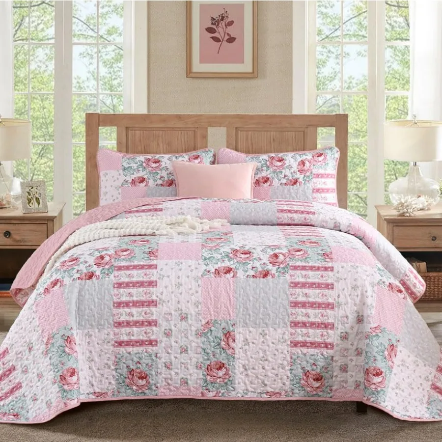 

Patchwork Quilt Set Size Floral Plaid Bedspread Coverlet Set Boho Rustic Quilt Bed Cover 3 Pcs Soft Microfiber Reversible Grey