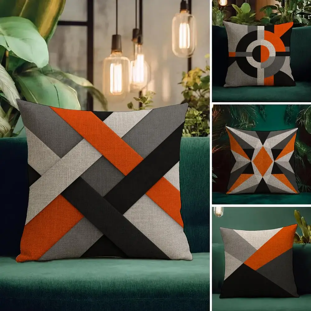Art Orange Gray Black Minimalist Art Cushion Cover Natural Linen Pillowcase Set Cushion Cover for Sofa Bedroom Chair