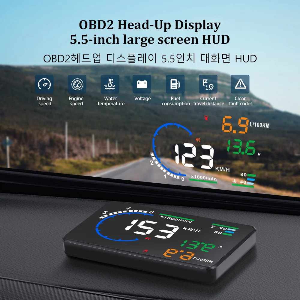 

A8 OBD2 Auto Hud Display Car Head Up Display Digital Speedometer Projector Alarm Water Temp RPM Windshield Electronic Accessorie