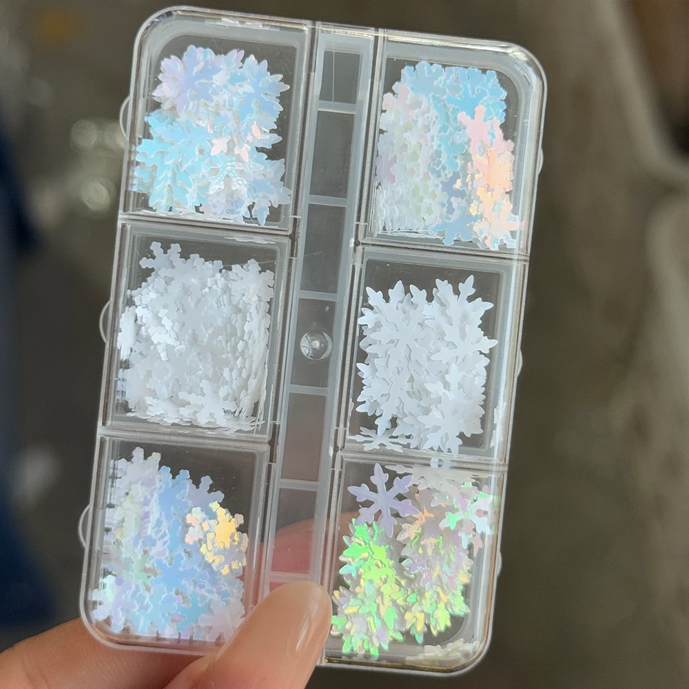 1 caja de copos de nieve de Navidad, copos de brillantina para uñas, dijes 3D láser holográfico Aurora, copo de nieve blanco, lentejuelas para uñas, suministros de Navidad para uñas #