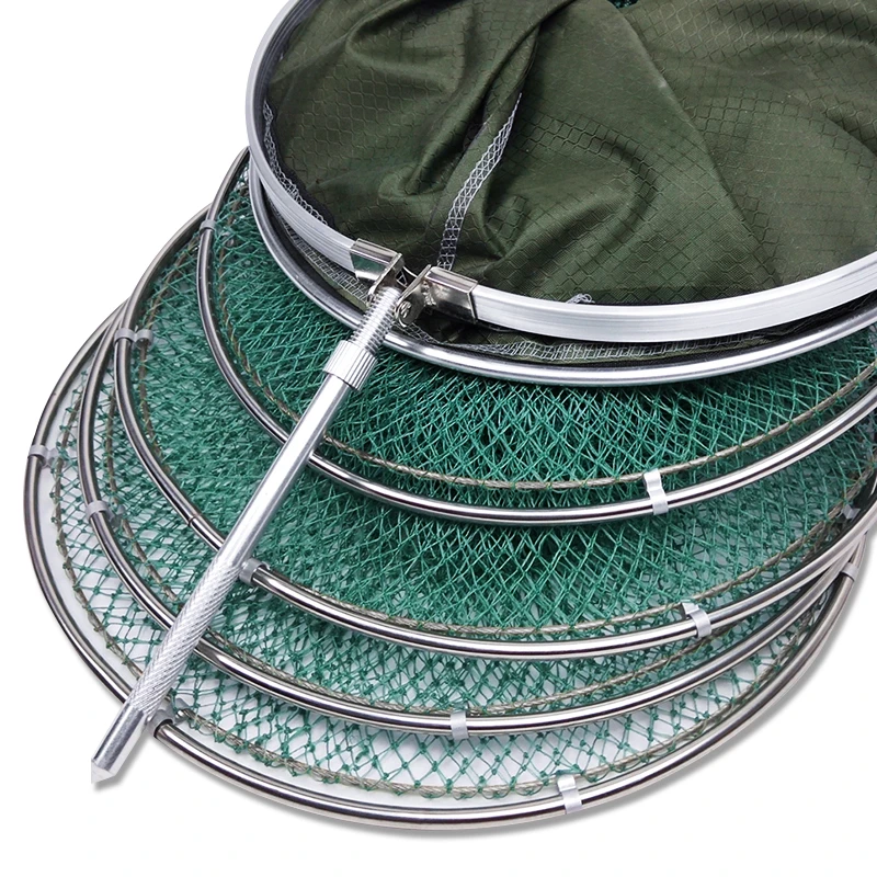 Hand-woven Fish Basket Nylon Line Stainless Steel Rings Fishing Net Bag Foldable Anti-hanging And Quick-drying Fish Cages - Image 2