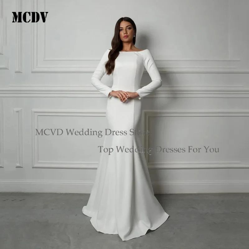 

MCDV Elegant Mermaid Bridal Dress Long Sleeve Backless Muslim Wedding Gown Customized Modest Brides Gowns Classic Design