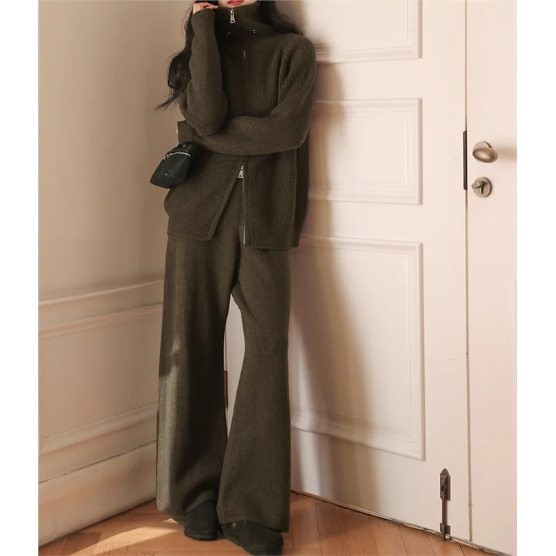 Women's New Autumn Winter Collared  Zip Ribbed Knit 2-Piece Set Oversized Wide Leg Pants Fashion Sweater Suit