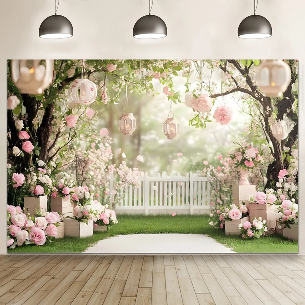 Fondo de fotografía de escena de césped de boda flor césped primavera espectáculo nupcial pared de flores cortina blanca telón de fondo de fiesta de cumpleaños