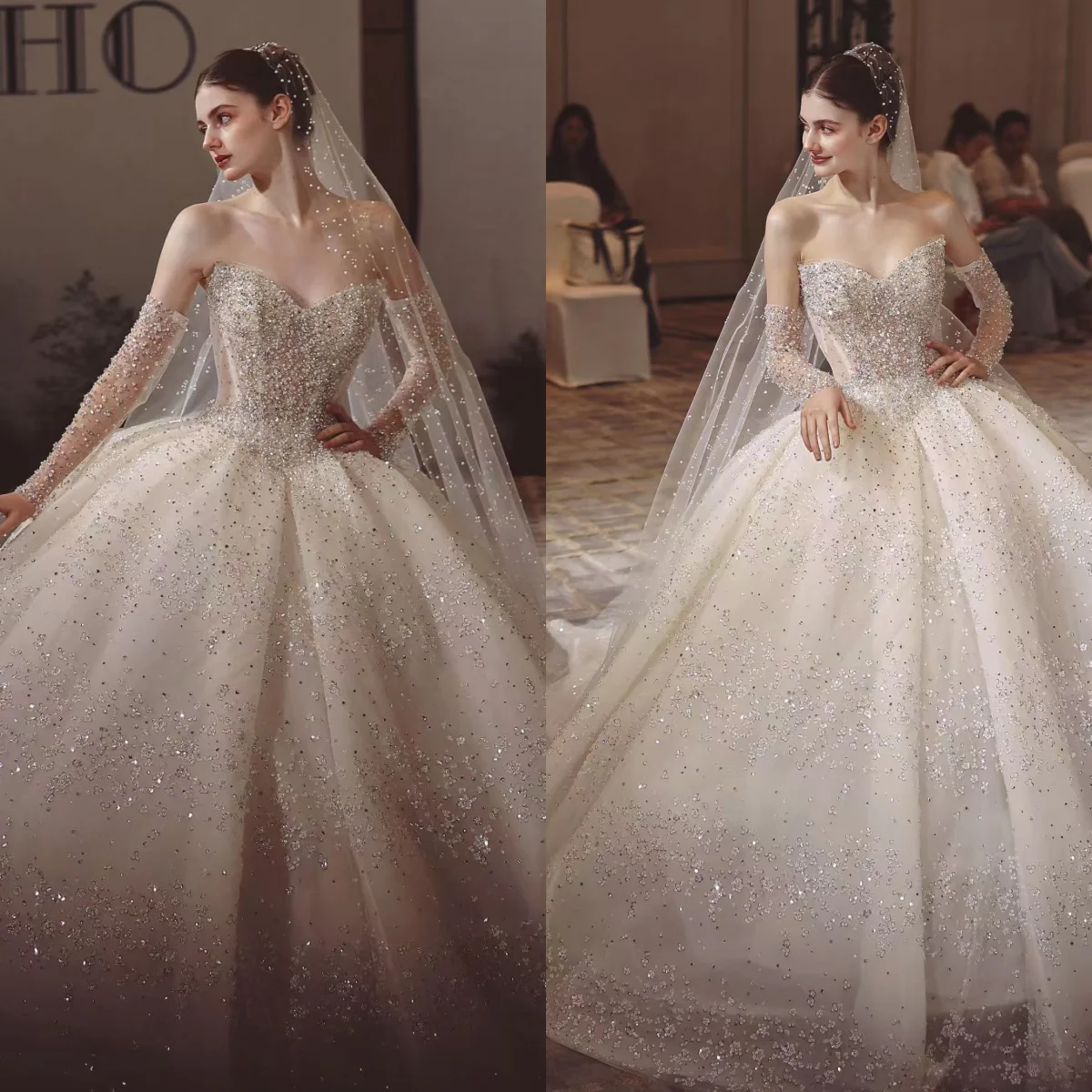 Precioso y brillante vestido de novia de princesa con hombros descubiertos, sin tirantes, con cuentas, vestido de baile nupcial de palacio, personalización