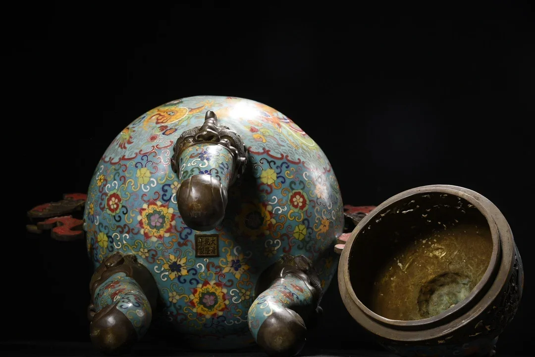 

23"Xizang Folk Collection Old Bronze Cloisonne Enamel Flower Texture Longevity Gourd Phoenix Ear Incense Burner Ornaments