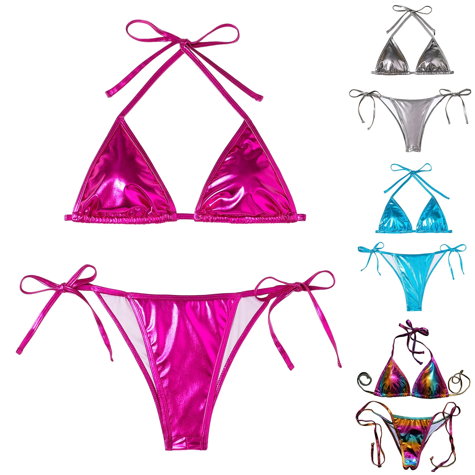 2024 Women\'s Two Piece Swimsuit Sets Summer New Sexy Hanging Neck Triangle Strappy Swimwear Fashion Shiny Bikini Beach Swimwear