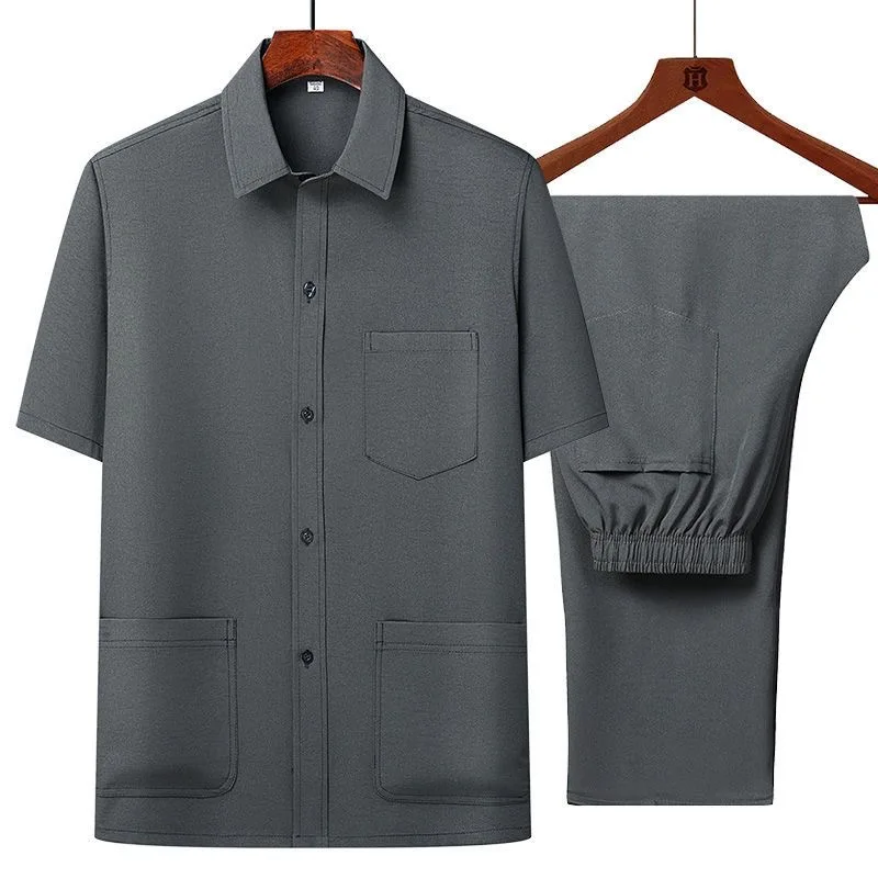 Summer New Fashion Solid Color Ice Silk Breathable Sports Suit Men's Casual Loose Large Size Short-Sleeved T-shirt Two-Piece Set