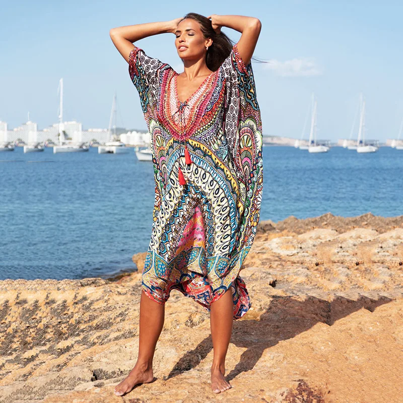 Women Summer Beach Cover Up Oversized Lightweight Four Way Stretch Printed Kimono Shirt with Drawstring Waist for Vacation Swimw