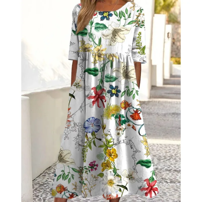 Spring Summer Dresses For Women 2024 New Floral Print Short Sleeve O-Neck Casual Loose Fashion Daily Streetwear Ladies Vestidos