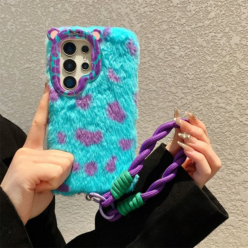 Fashion Leopard Print Plush Phone Case for Samsung Galaxy S23 S24 S25 S26 Ultra Plus With Wrist Strap Bracket Shockproof Cover