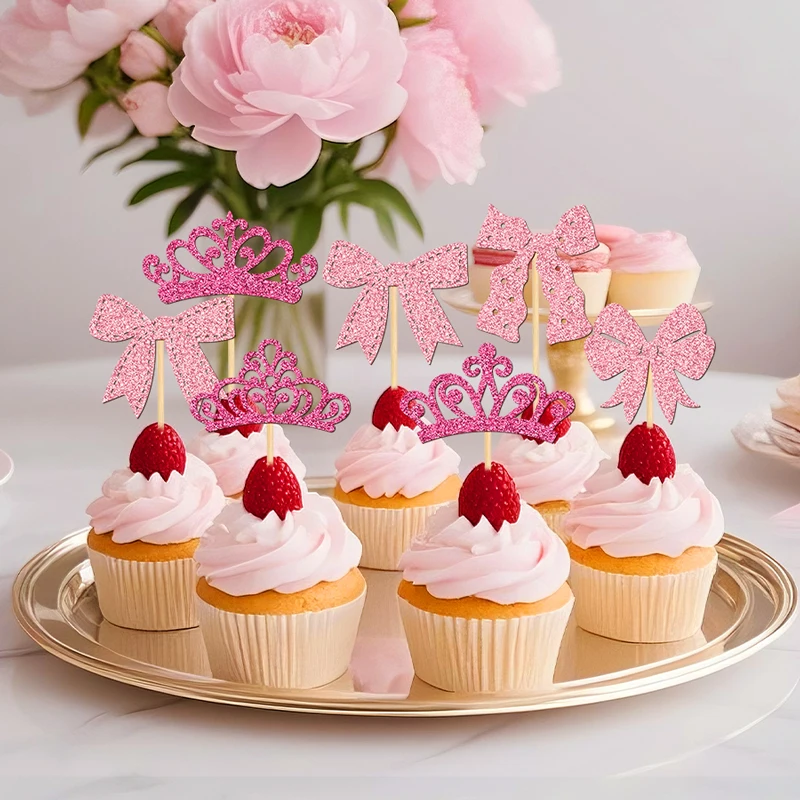 YOMDID 24 Stück elegante Cupcake-Topper, Krone und Schleife, Kuchendekoration, Prinzessin Cupcake-Picks für Geburtstag, Hochzeit, Kuchendekorationen – Detail 8