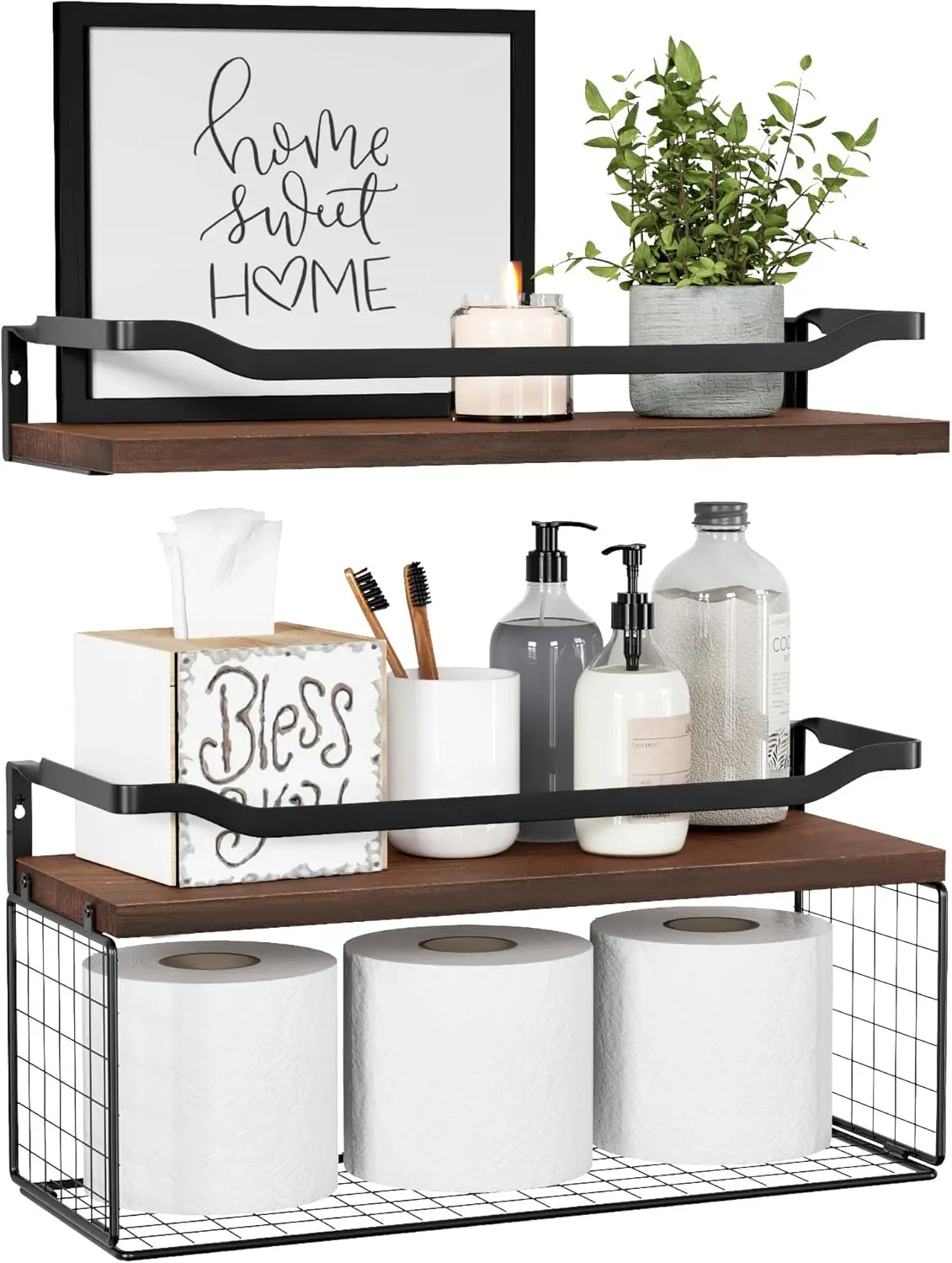 

Floating Shelves with Wire Storage Basket, Bathroom Shelves Over Toilet with Protective Metal Guardrail, Wood Wall Shel