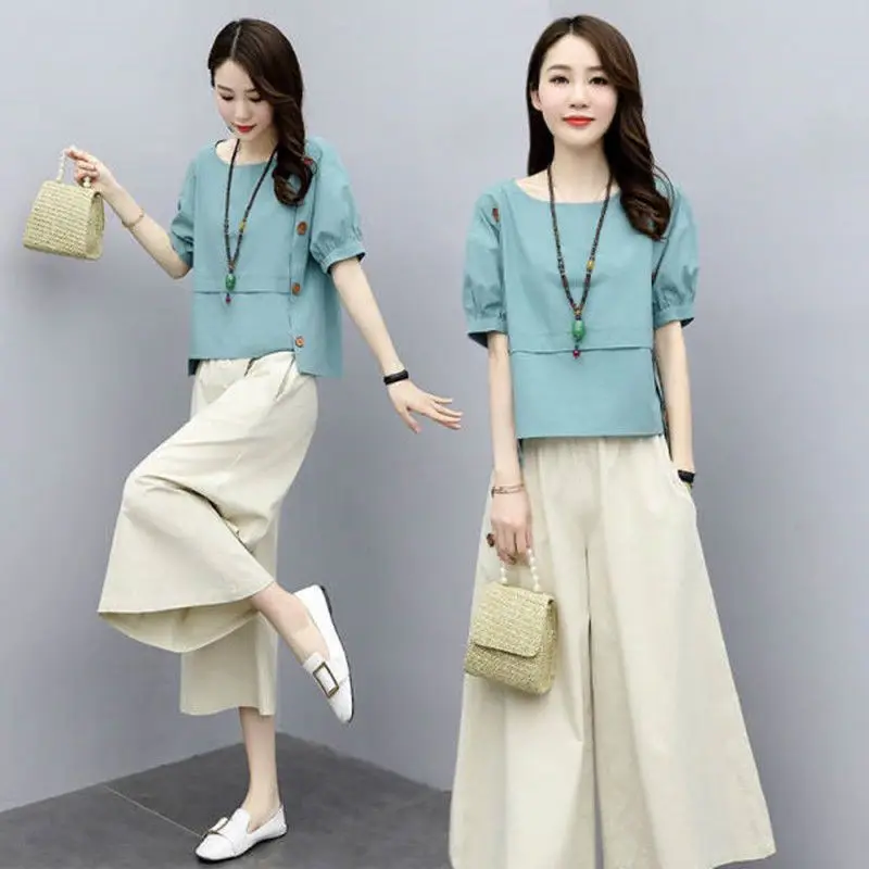 

Women Summer Casual Plus Size Slimming Two Piece Top And Culottes Set