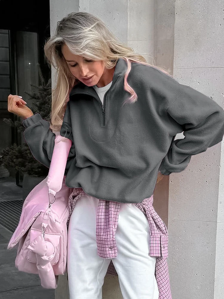 

Весенняя удобная уличная одежда, женский топ, модный однотонный пуловер на молнии с лацканами, толстовка, повседневная свободная рубашка с длинными рукавами