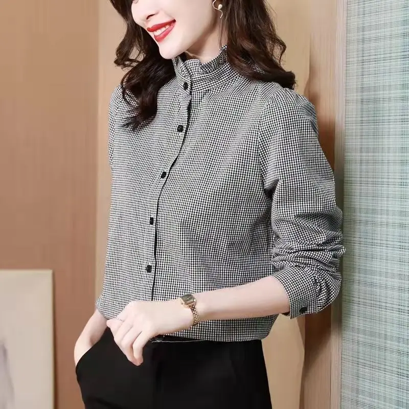 Office Lady Fashion Ruffles Stand Collar Blouse Female Autumn and Winter Commute Casual Striped Button Shirt Women\'s Clothing