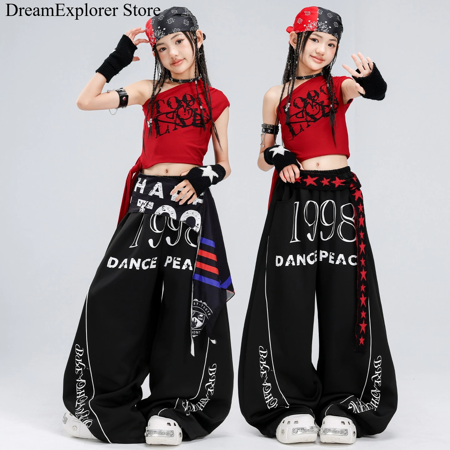 Girls K-pop Fashion Crop Top Street Dance Loose Letters Pants Child Hip Hop Streetwear Kids Jazz Girl Group Costume Clothes Sets