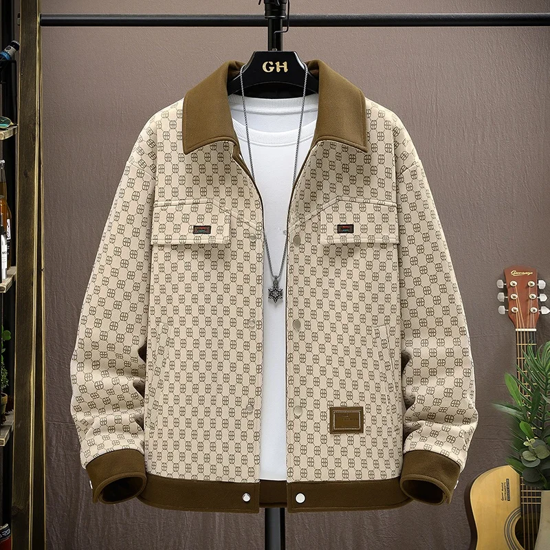 

Casual Sli Men's Jaet Turn-down Collar Simple Design High-end Feel Korean Sle Retro Coat Loose Fit Long Sve Polyes...