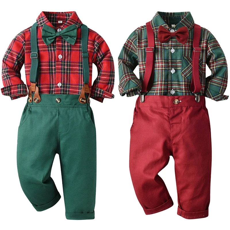 Fashion Bow-Knot Long Sleeves T-shirts Overalls Sets for Kids Boys Party Home Traveling Performance Jumpsuits Sets for Children