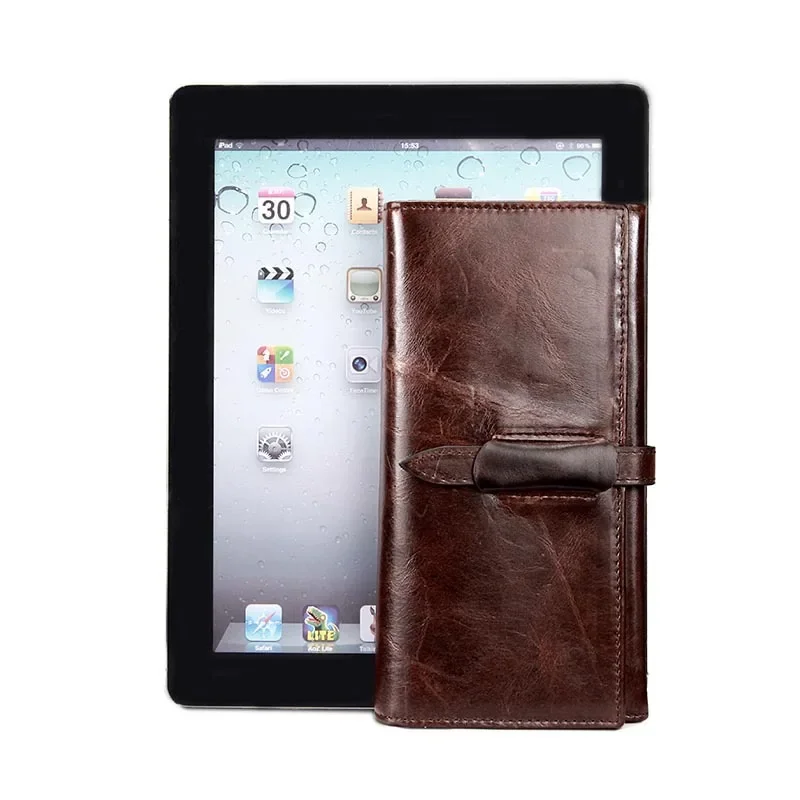 100% First Layer Long Wallet Men Leisure Business Vintage Oil Wax Genuine Leather Wallets Pocket Many Card Slot Purse Cowhide