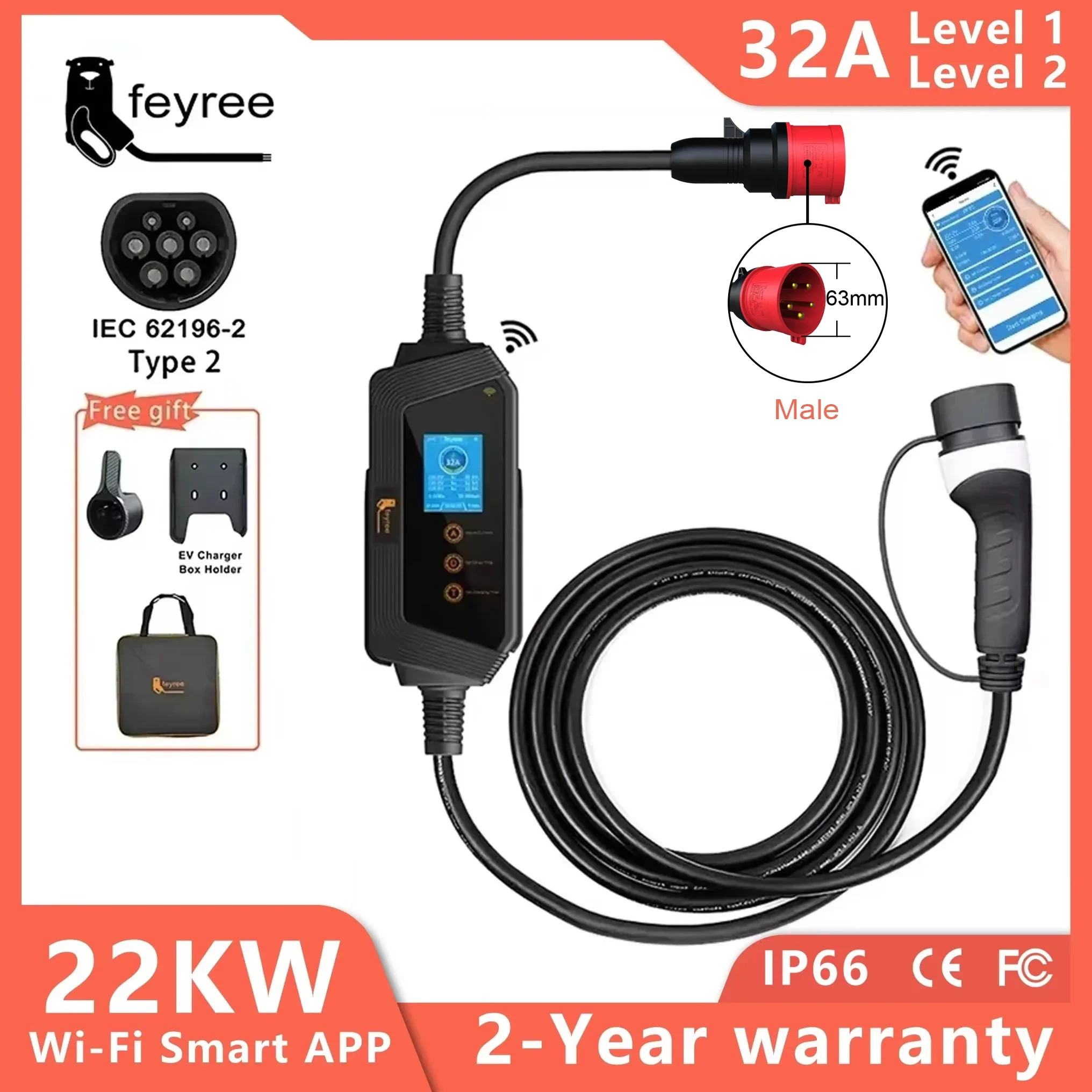 feyree EVSE Wallbox Type2 Cable EV Car Chager 7KW 11KW 22KW Electric Vehicle Charging Station with APP WIFI Control IEC62196-2