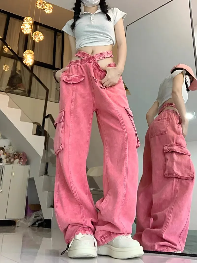 2024 New Y2K Jeans Retro Design Feels Sweet And Cool Tie-dyed Pink Tooling Jeans Female Wide-Leg Straight Pants Street Fashion