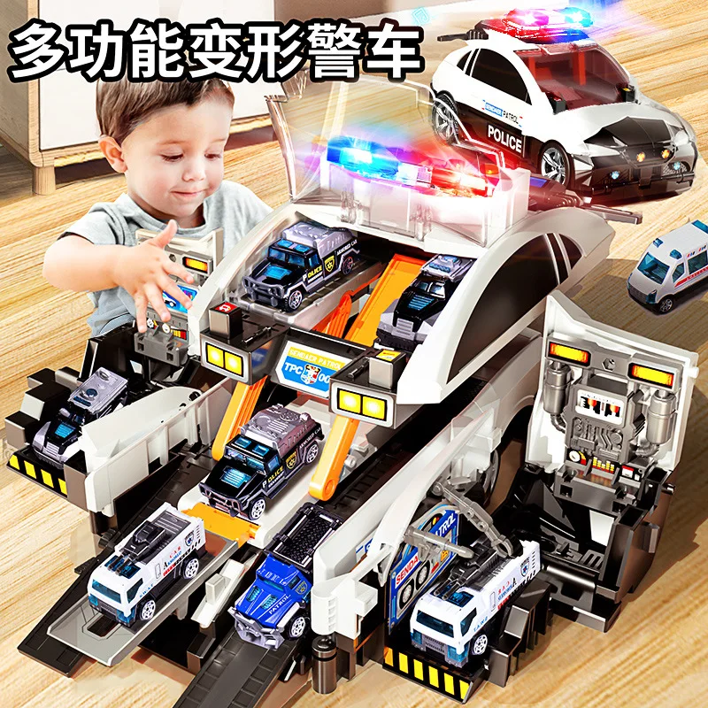Kids Police Car Launch Track Parking Lot with Storage, Light & Sound Educational Playset