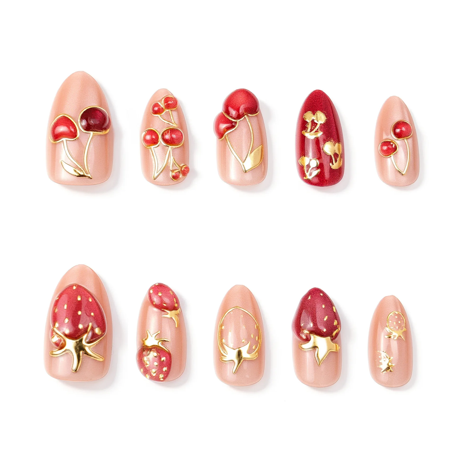 24 pièces amande oeil de chat presse sur ongles doux mignon rouge cerise perle amour arc 3D conception française haute qualité faux ongles pour les filles chaudes