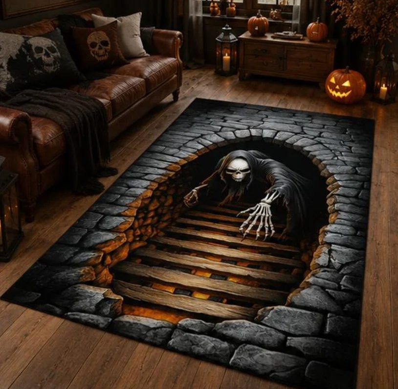 Grim Reaper Cellar Rug, Skeleton Stairway 3D Illusion Carpet, Gothic Halloween Decor Carpets