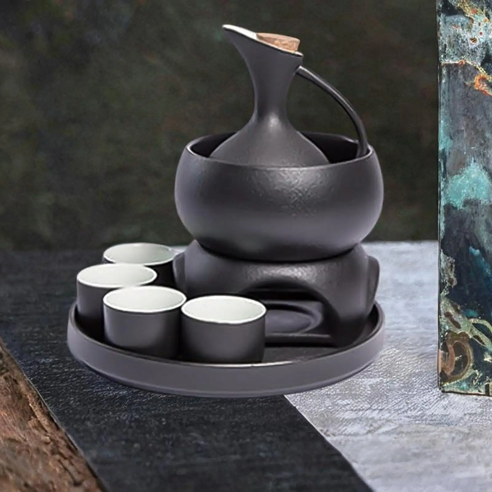 

Ceramic Sake Set with Warmer Pot,Porcelain Pottery Sake Pot Creative Drinkware 4 Cups Traditional for House Warming Gift