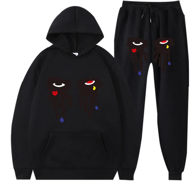 Harajuku Street Style Big Eye Printed Hoodie Sweatpants Men's And Women's Casual Sportswear Pure Cotton Fleece Two-Piece Set