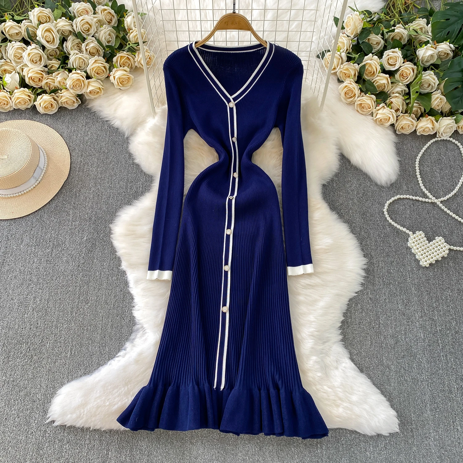 Realeft outono inverno único breasted feminino de malha vestidos longos manga longa com decote em v casual solto coreano sereia vestido feminino