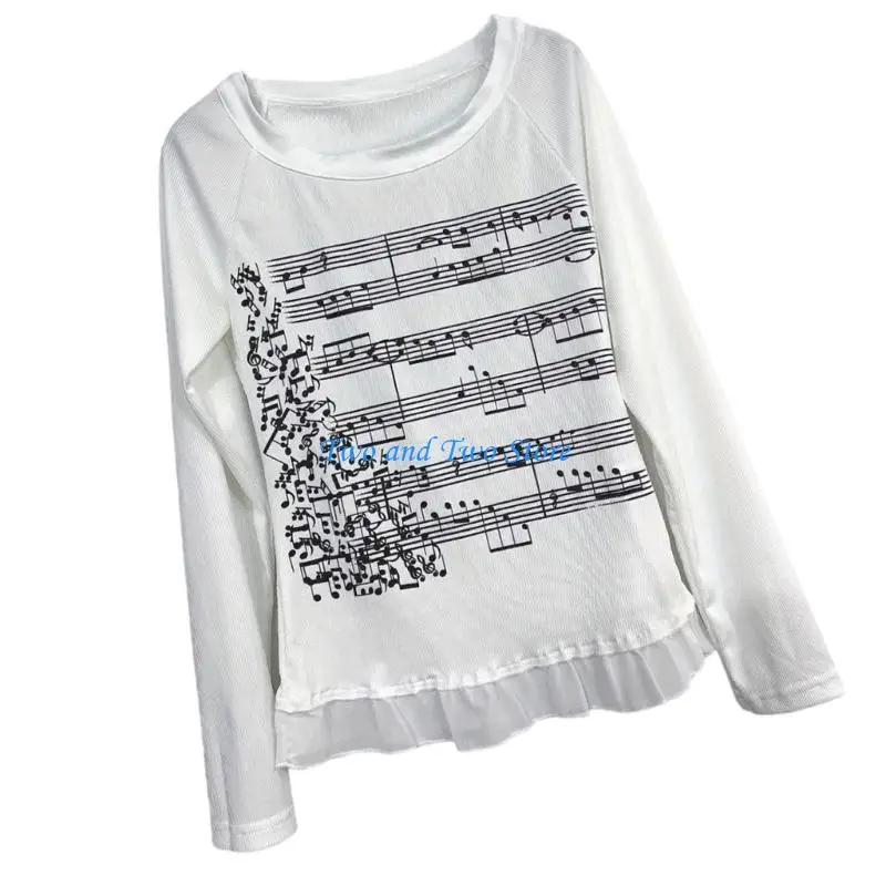 HX6F Aesthetic Musical Note Print Long Sleeve T-Shirt Soft Fabric Comfort Top for Women