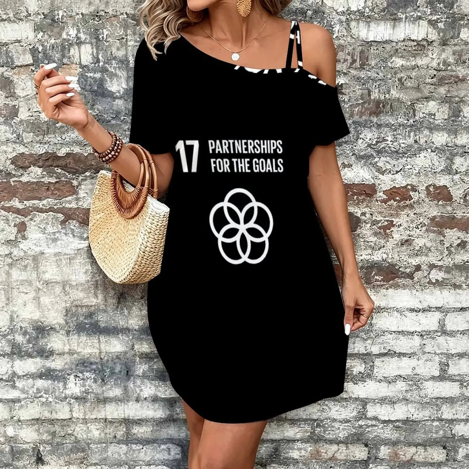 17 Partnerships for the goals Global Goals Women's Slanted Shoulder Single Strap Short-Sleeved Dress