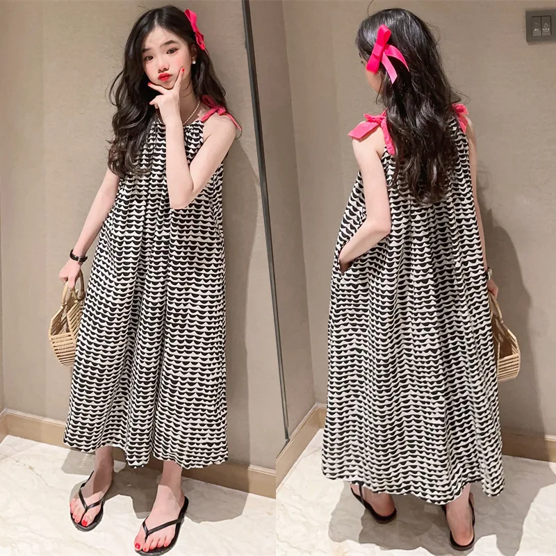 

Girls Summer Dress 2024 Summer New Korean Version Sleeveless Sundress Contrast Color Loose Seaside Slip Skirt Simple Casual