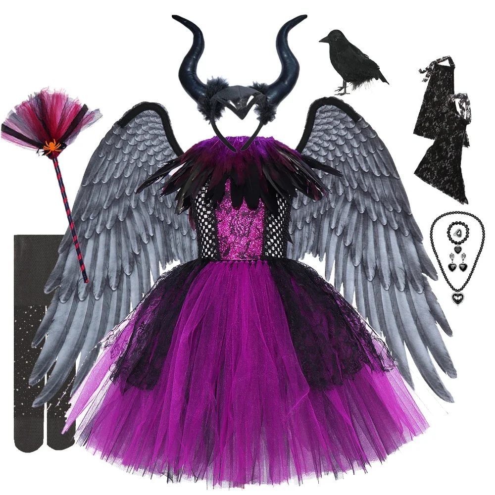 

Girls Halloween Black Witch Cosplay Costumes with Big Wings Children Black Evil Queen Feather Purple Dresses for Kids Purim Carn