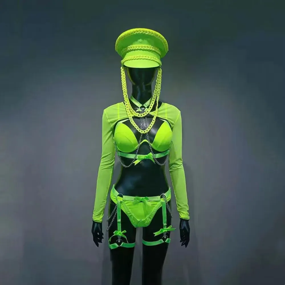 Seksowny zespół taneczny DJ Gogo Kostium festiwalowy Odzież damska Piosenkarka Bar Koncert Pokaz sceniczny Zielony strój bikini z kapeluszem