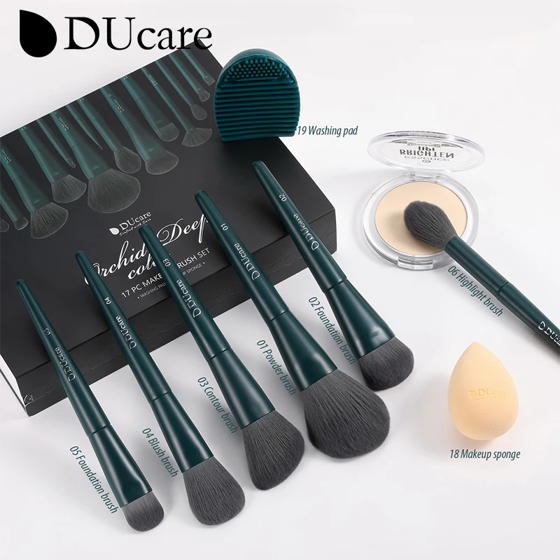 DUcare – kit de pinceaux de maquillage professionnels, poils synthétiques avec éponge et outils de nettoyage, tampon pour fond de teint, ombre à