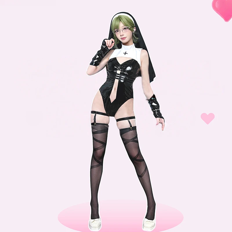 

SENMHS Anime Nun Uniform Cosplay Women PU Leather Transparent Hollow Bodysuit Gothic Sister Maid Costume Halloween Jumpsuit