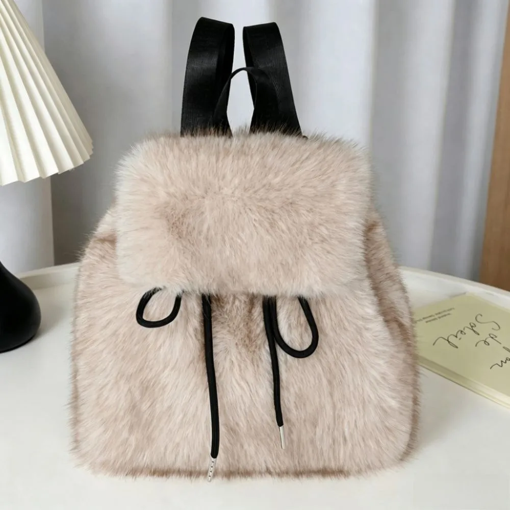Drawstring Faux Fur Backpack Solid Color Adjustable Closure Mini Daypack Leopard Print Lightweight Knapsack Winter Season
