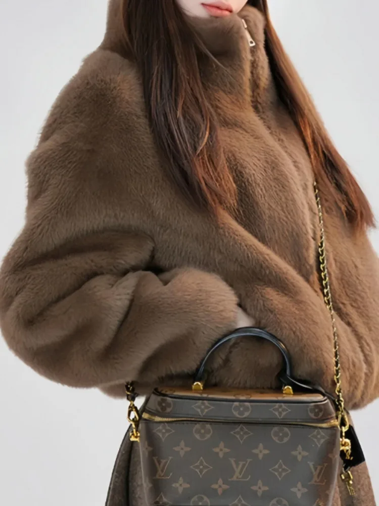 سترة نسائية قصيرة من الفرو الصناعي من ZMEENNA معطف منفوش بياقة عالية وياقة ثابتة وسحّاب كامل وحاشية برباط ملابس خارجية شتوية دافئة ZM4455 #5