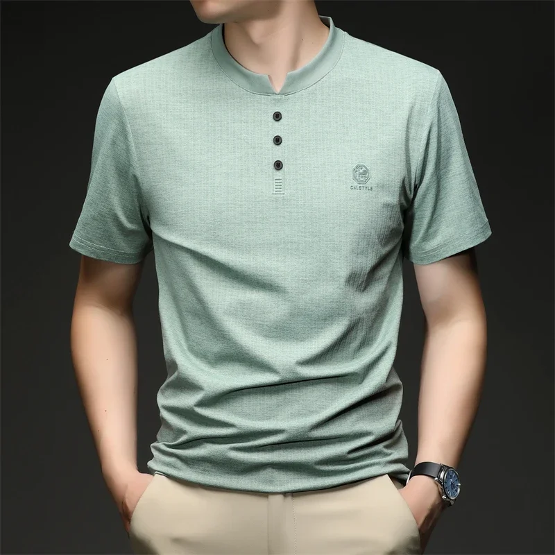 Mens Button Placket V Neck Short Sleeve T Shirt Solid Basic Style For Everyday Work Travel And Casual Outings All Season Use view 2