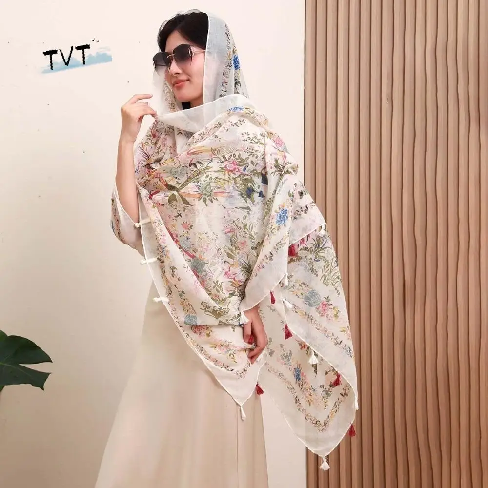 Bufanda Floral dulce y transpirable para mujer, chal grande fino con botones de rana, pañuelo largo ligero con protección solar, decoración para el cuello