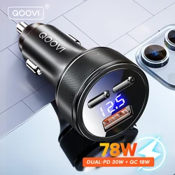 QOOVI 78W 3-Ports Car Charger PD USB Type C QC3.0 Phone Charger Fast Charging For iPhone 17 Xiaomi Samsung iPad Laptops Tablets